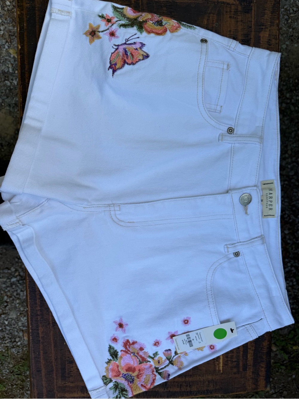 Francesca's White High-Rise Jean Shorts with Pink & Green Floral Embroidery